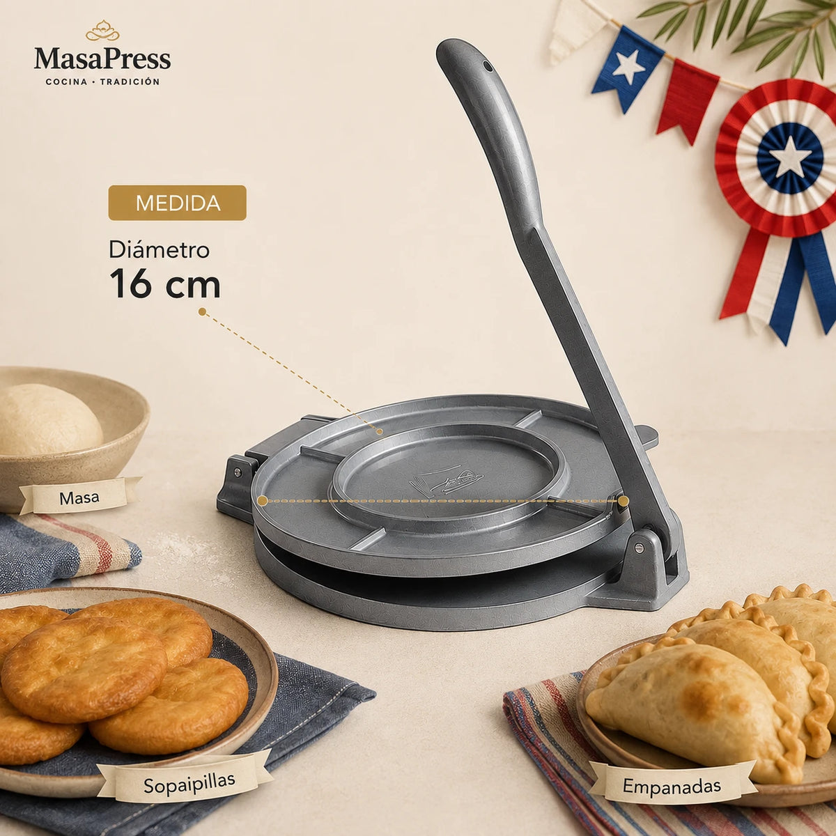 MasaPress – Aplana tus masas de forma práctica - Prensa para masas 16 cm