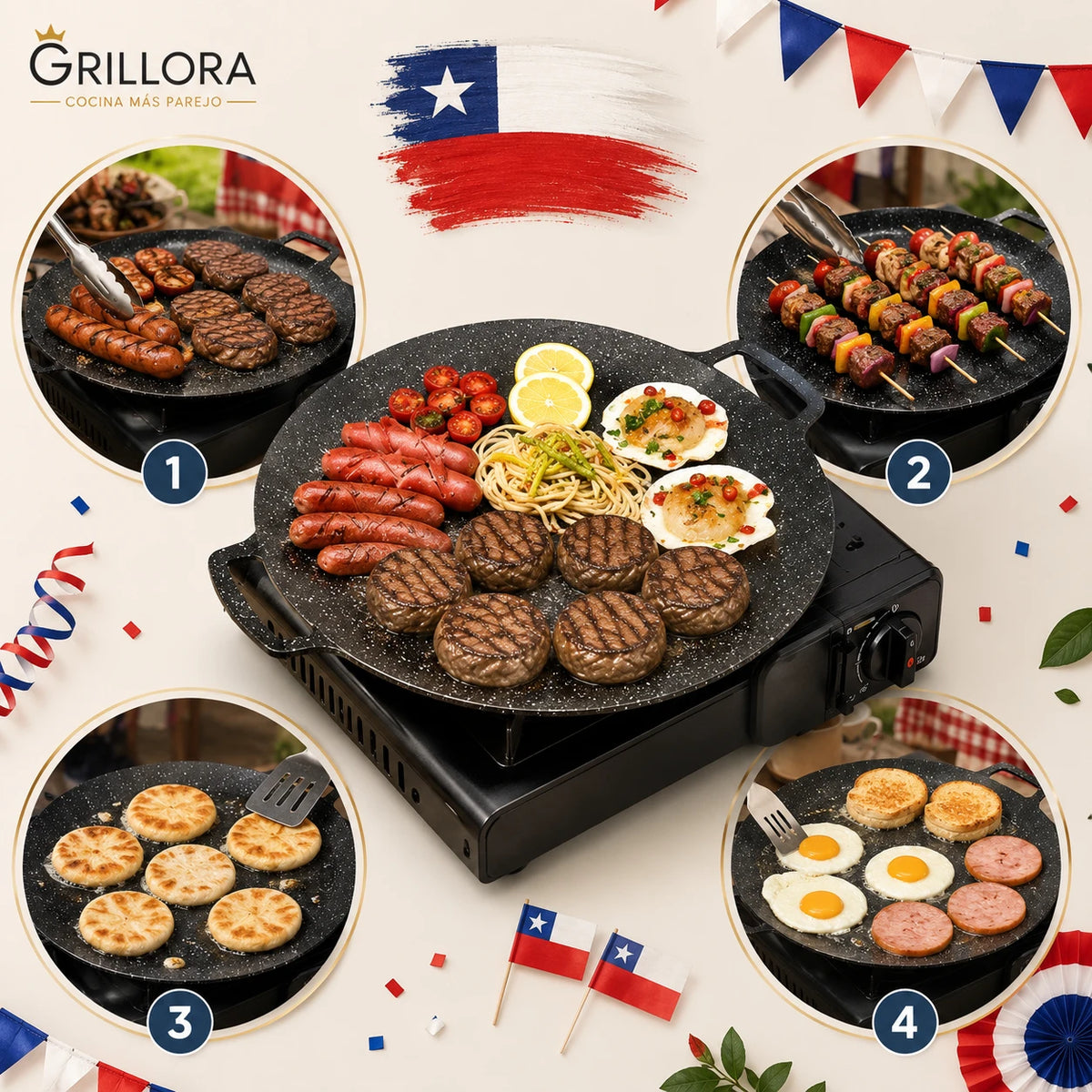 Grillora – Cocción Uniforme Plancha Antiadherente 35 CM- Celebra las Fiestas Patrias!