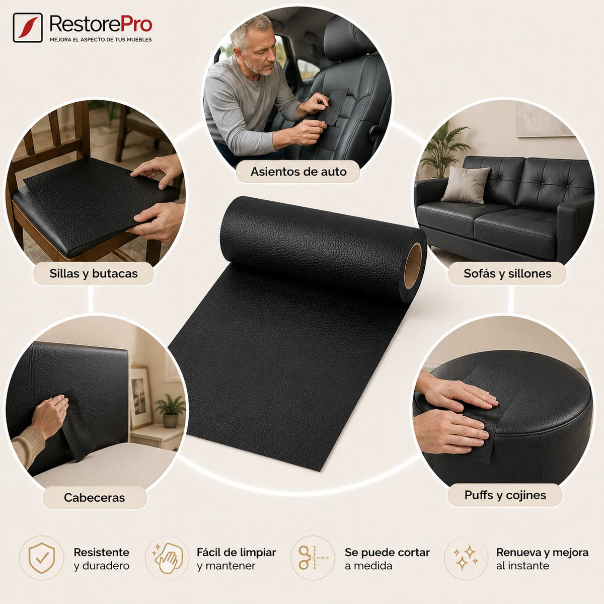 RestorePro - Mejora el aspecto de tus muebles - Ecocuero adhesivo de 150×50 cm