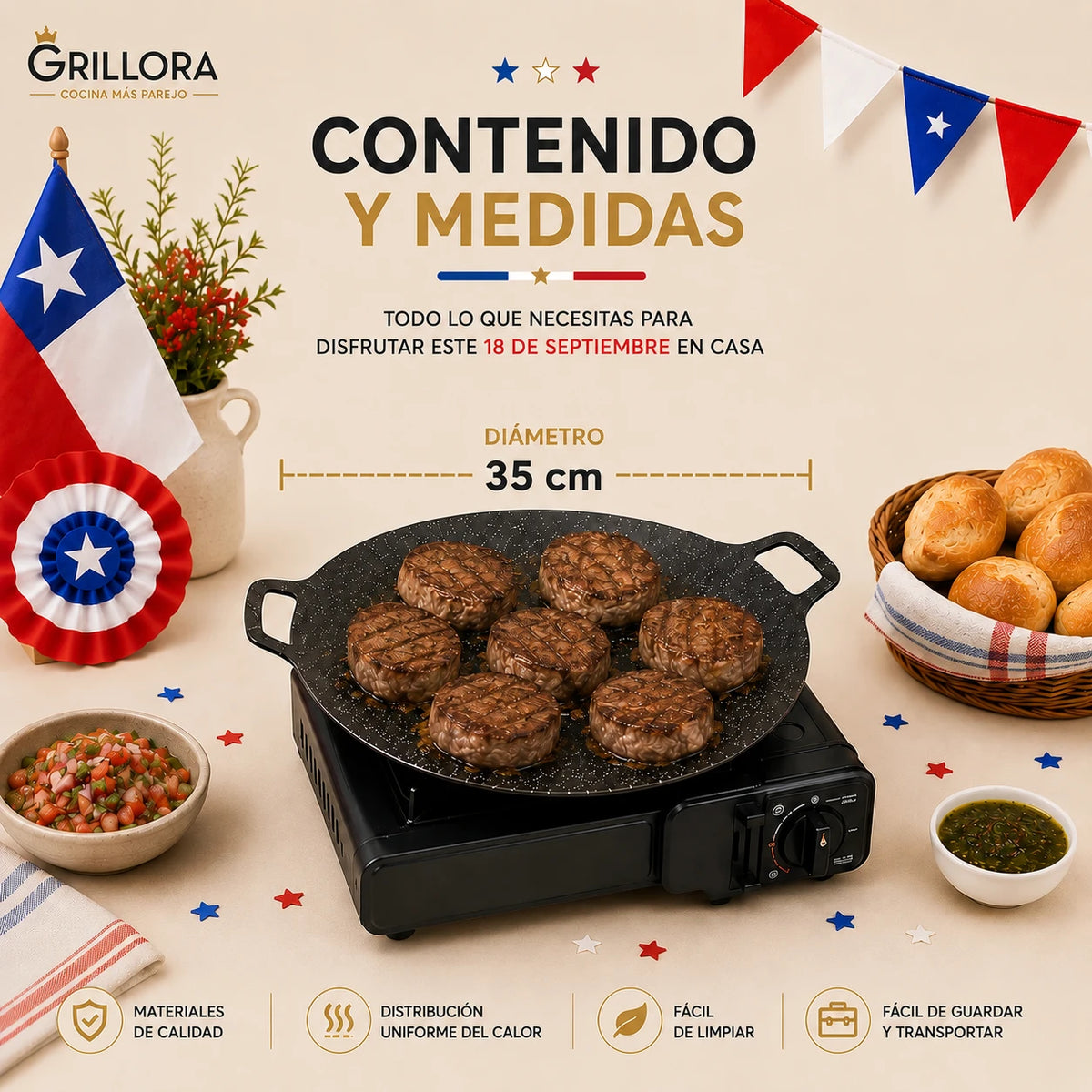 Grillora – Cocción Uniforme Plancha Antiadherente 35 CM- Celebra las Fiestas Patrias!